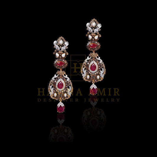 Ruby, pearl, zircon and polki earrings